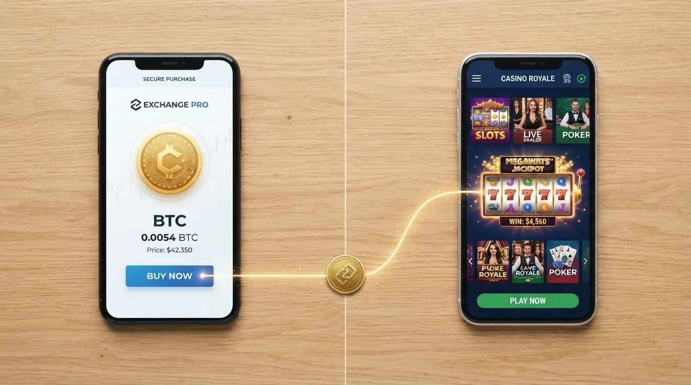 Pantalla dividida: un exchange de criptomonedas a la izquierda y un casino online a la derecha, con BNB fluyendo entre ambos