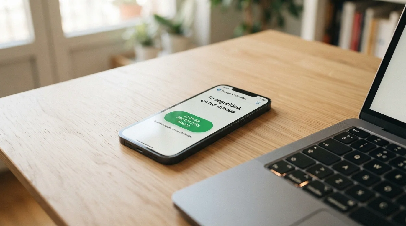 Un móvil con la pantalla de la app STOP Juego abierta junto a un teclado con la tecla de ayuda resaltada