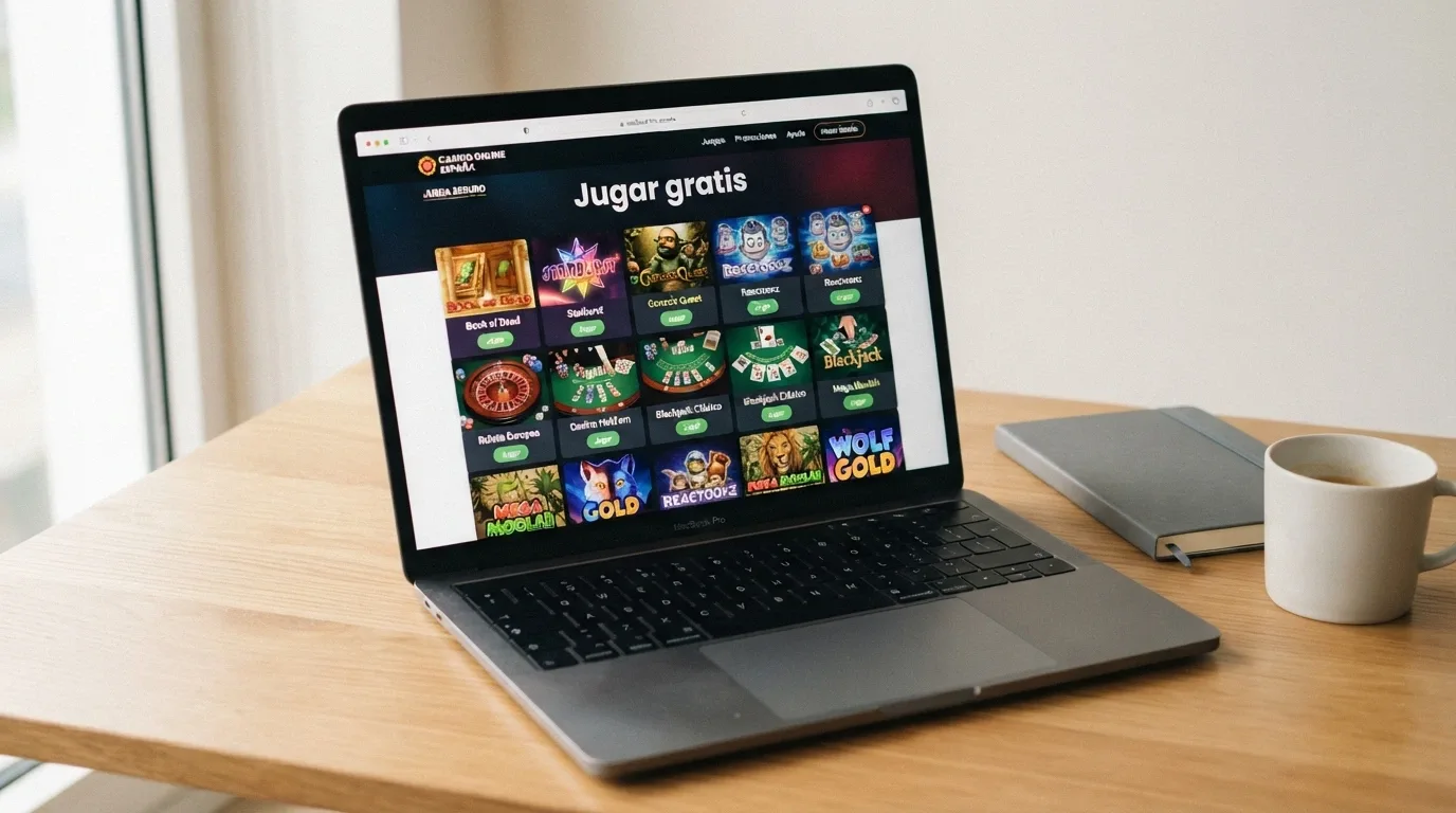Una colección de miniaturas de tragaperras, ruleta y póker en una interfaz de navegador con el texto «jugar gratis» visible