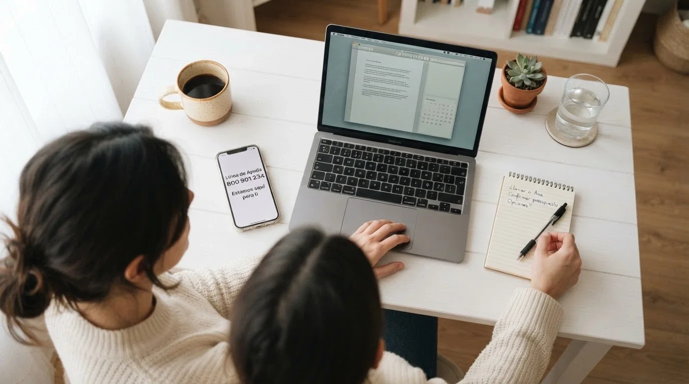 Escritorio con un ordenador abierto, un teléfono móvil con el número de ayuda en pantalla, y un bloc con anotaciones junto a un café