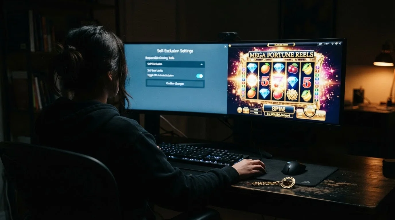 Silueta de una persona frente a una pantalla dividida: un lado muestra herramientas de autoexclusión, el otro una pantalla de casino sin límites visibles