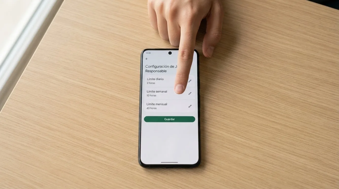Teléfono móvil mostrando la pantalla de configuración de límites de depósito en un casino online español