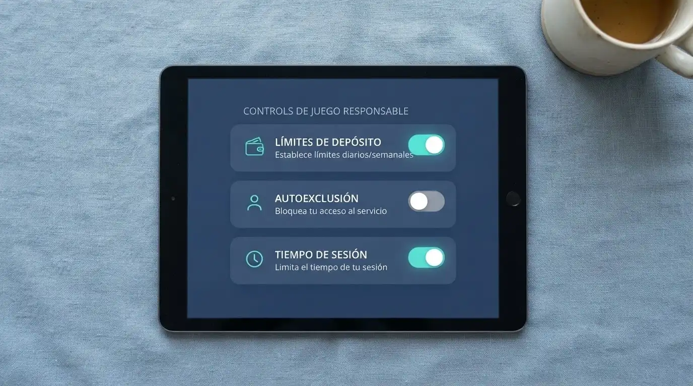 Un panel de control con interruptores etiquetados como «límite de depósito», «autoexclusión» y «tiempo de sesión» sobre un fondo azul sereno
