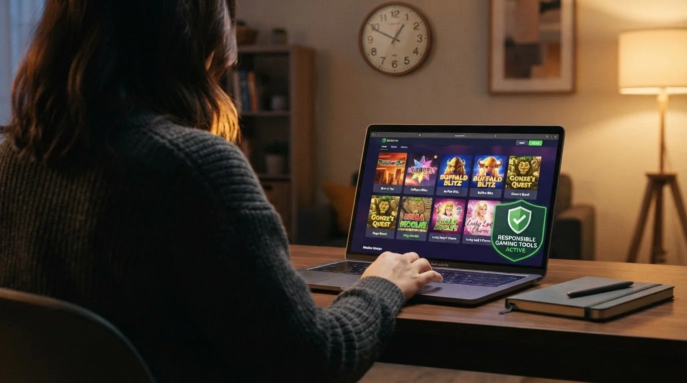 Jugador revisando sus herramientas de control personal en un entorno de casino online, con el símbolo de juego responsable visible