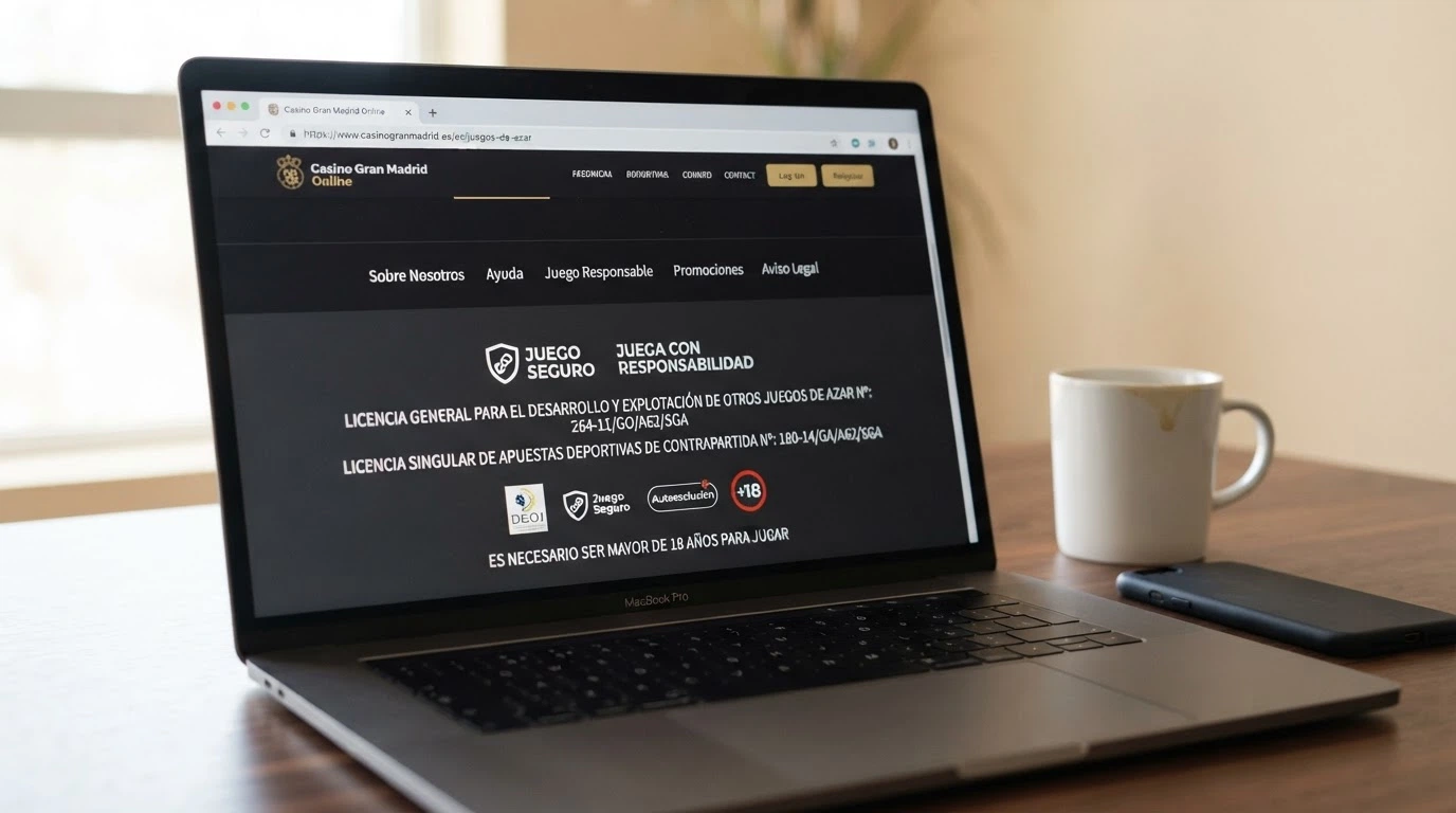 Captura del pie de página de un casino con licencia DGOJ donde se ve el dominio .es y el número de registro oficial