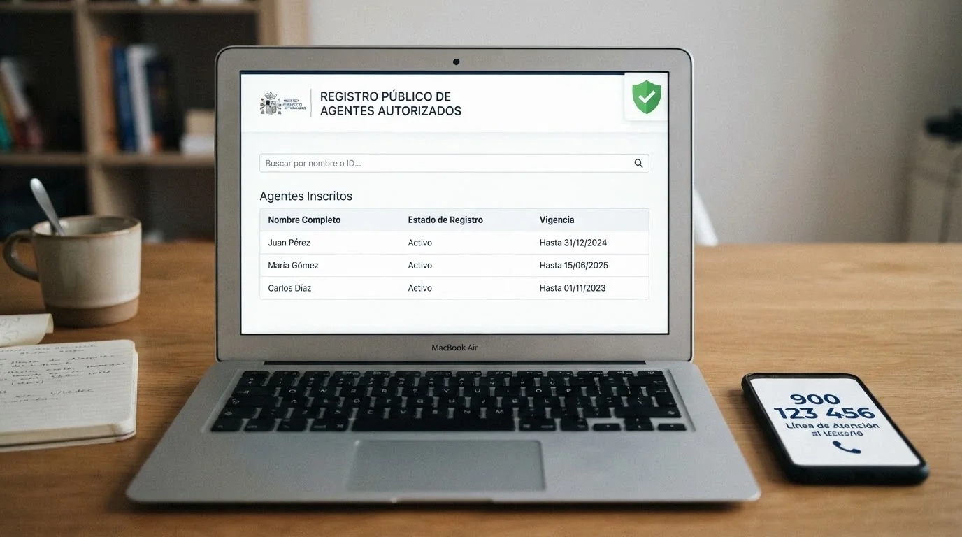 Captura del registro público de operadores con licencia en la web de la DGOJ junto al icono del dominio .es y un teléfono con el número de ayuda