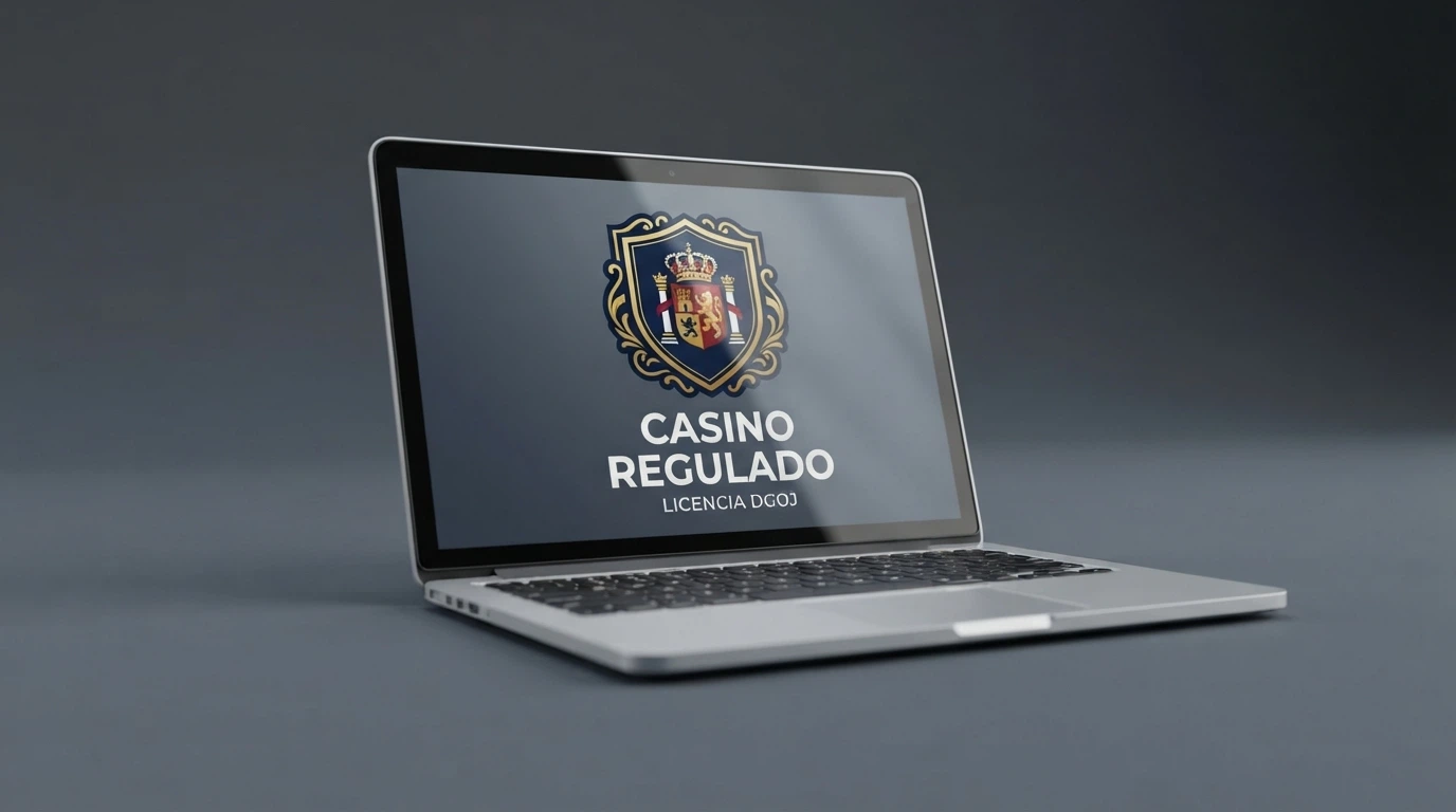 Pantalla de ordenador mostrando el sello de licencia DGOJ junto al dominio .es de un operador autorizado