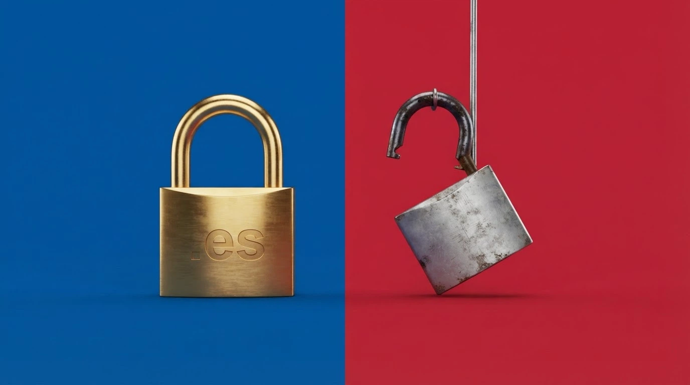 Dos columnas enfrentadas: a la izquierda un candado con el dominio «.es» y el logotipo de la DGOJ, a la derecha un candado roto con un dominio genérico «.com»
