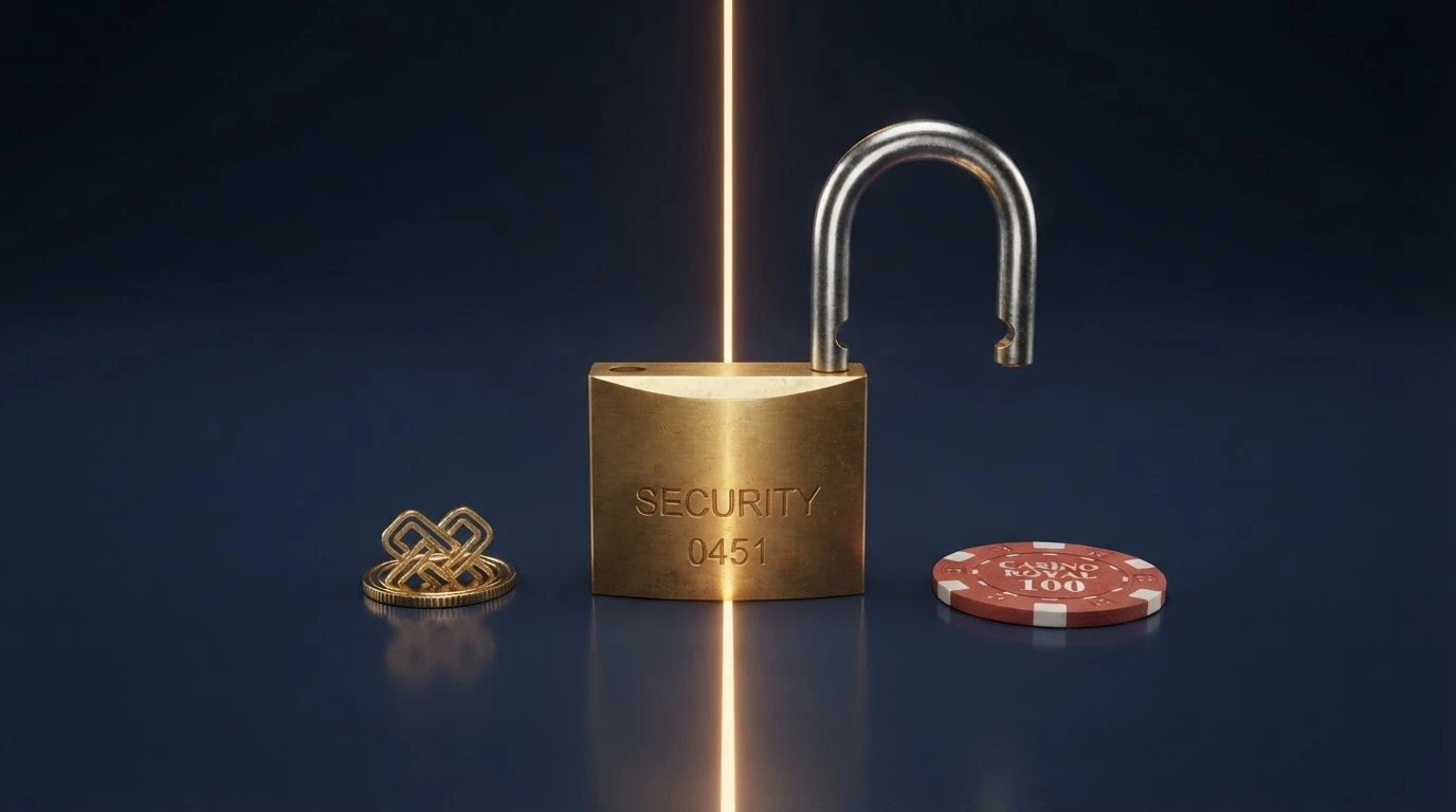 Sello oficial de la DGOJ junto a un candado abierto y el logo de Binance Coin separados por una línea divisoria