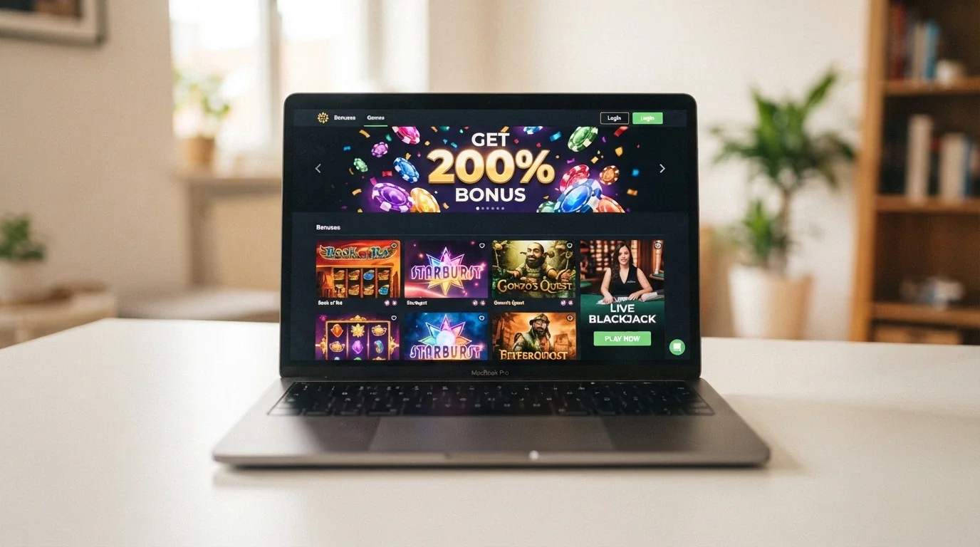 Pantalla de inicio de un casino online con licencia Anjouan mostrando lobbys de slots, casino en vivo y ofertas de bienvenida