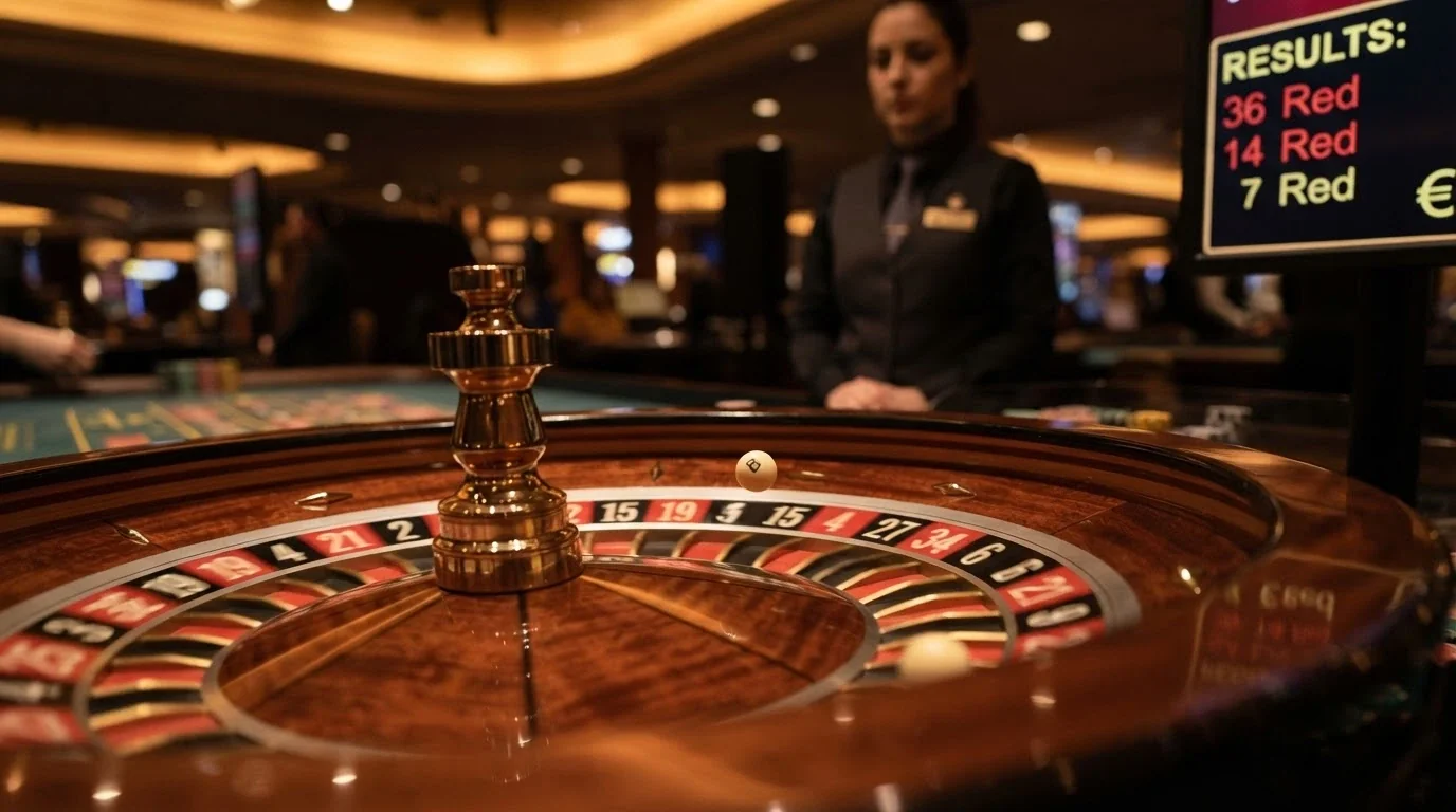 primer plano del plato de una ruleta en vivo con la bola girando y el crupier al fondo, pantalla de apuestas visible