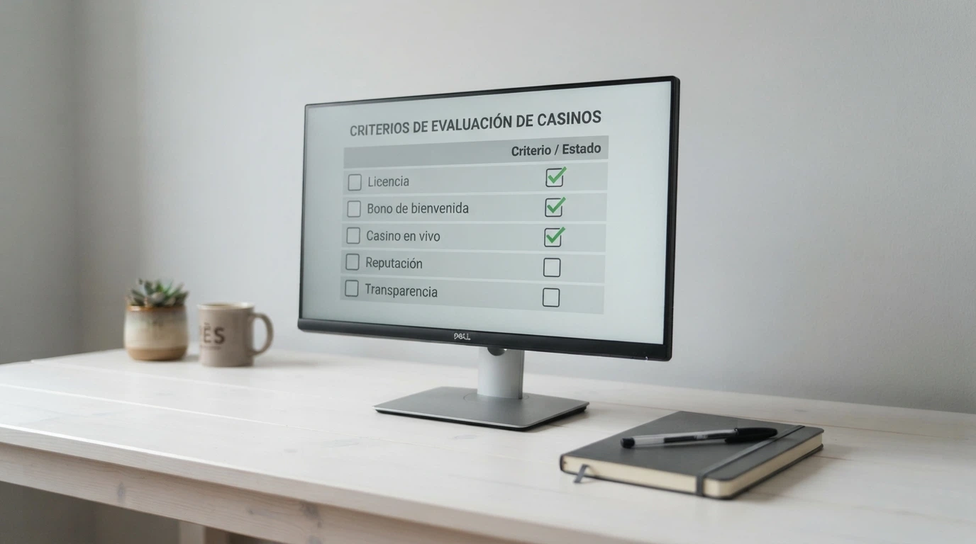 Escritorio con una lista de comprobación sobre la pantalla de un ordenador mostrando criterios como licencia, bono, casino en vivo y reputación junto al logo de la DGOJ
