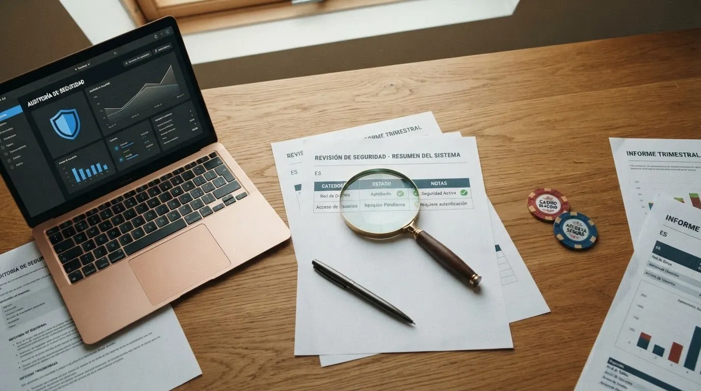 Escritorio con documentos de criterios de evaluación, una lupa sobre el logo de la DGOJ y pantallas de los casinos analizados