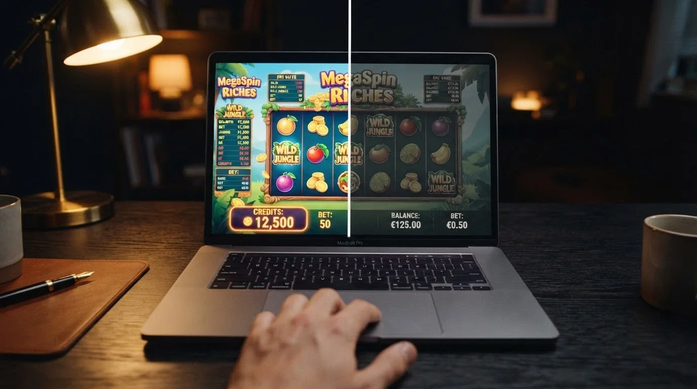 Dos paneles comparativos: misma slot en modo demo (créditos virtuales) y en modo real (saldo en euros)