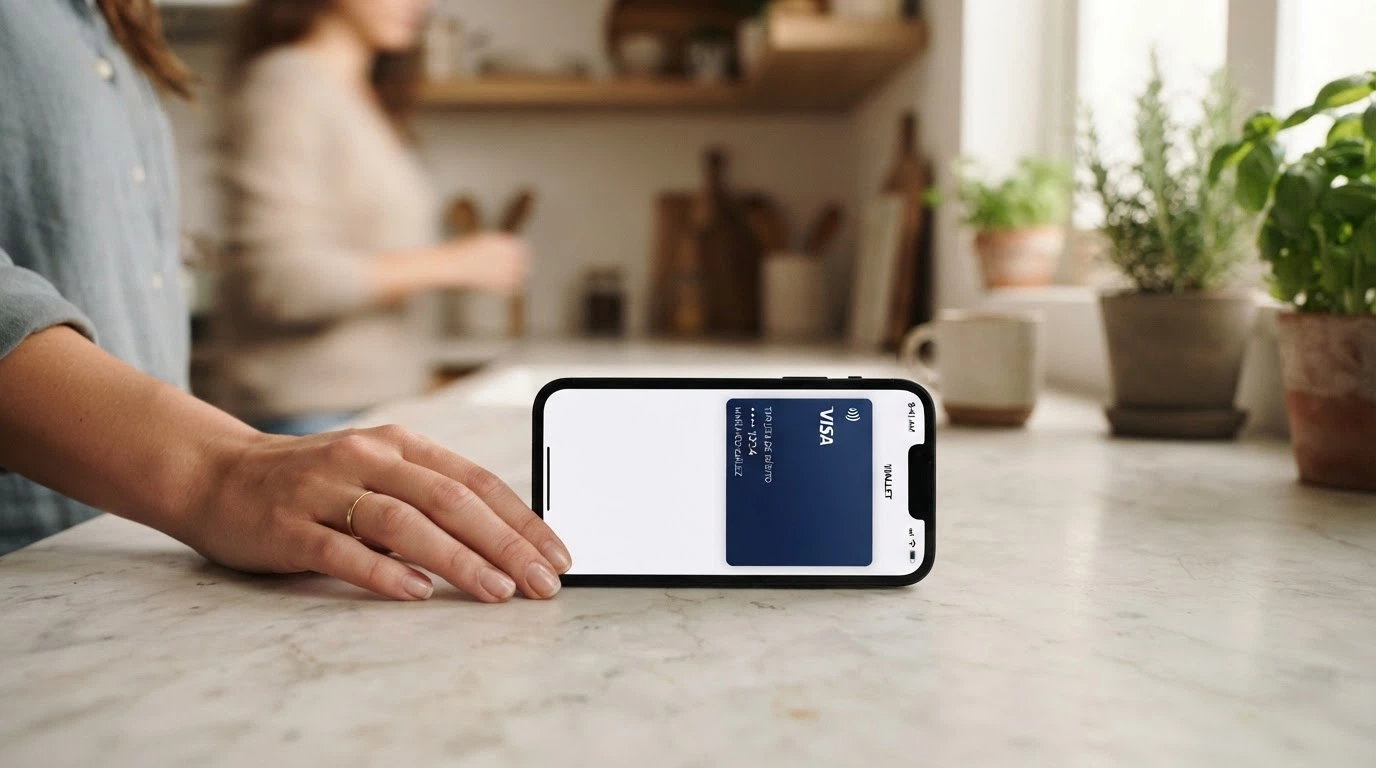 Un iPhone con la app Wallet abierta mostrando una tarjeta vinculada junto al logo de Apple Pay