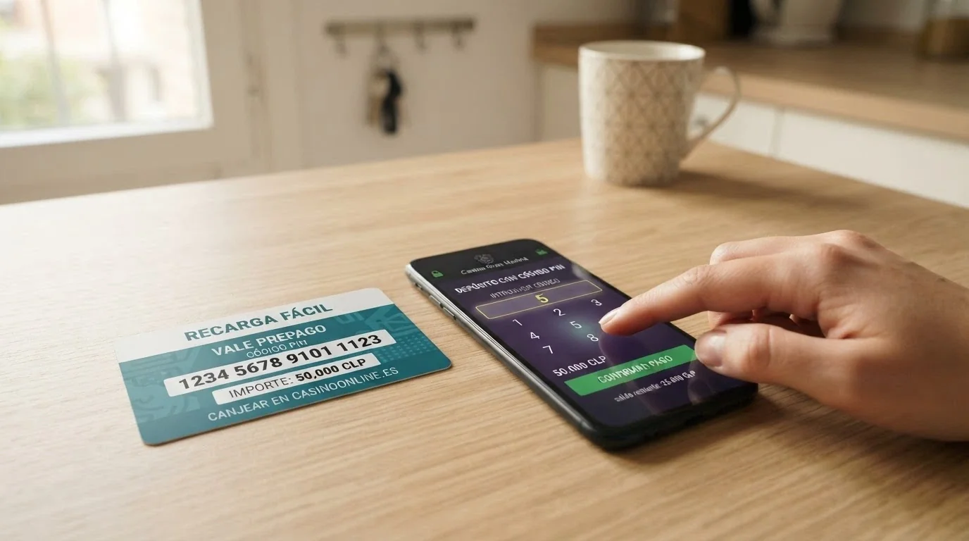 Tarjeta Paysafecard de 10€ junto a un teléfono mostrando la pantalla de depósito de un casino online con el código PIN introducido