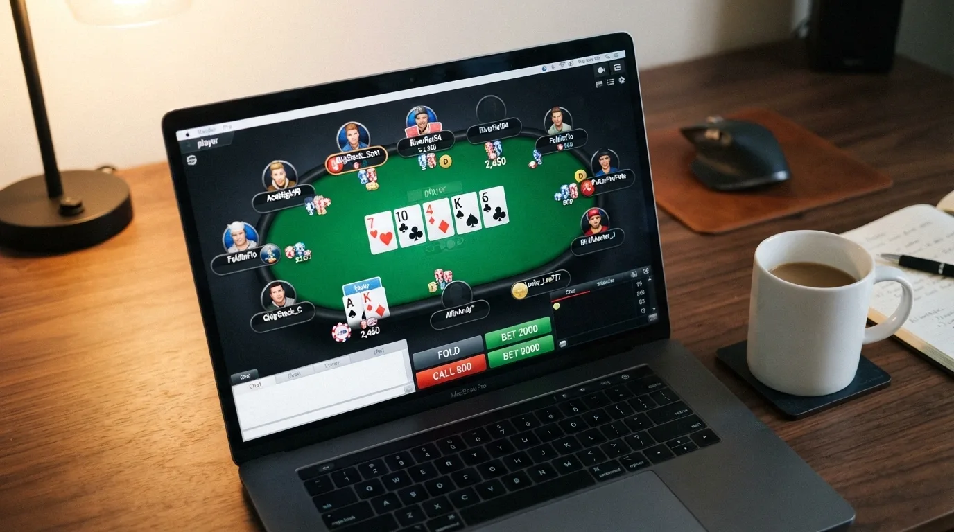 Una mesa de Texas Hold'em virtual con fichas de colores, cartas visibles y varios jugadores sentados