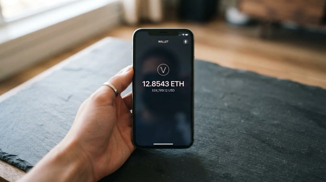 Una mano sujetando un smartphone con una app de wallet cripto abierta, sin ningún documento de identidad en el encuadre