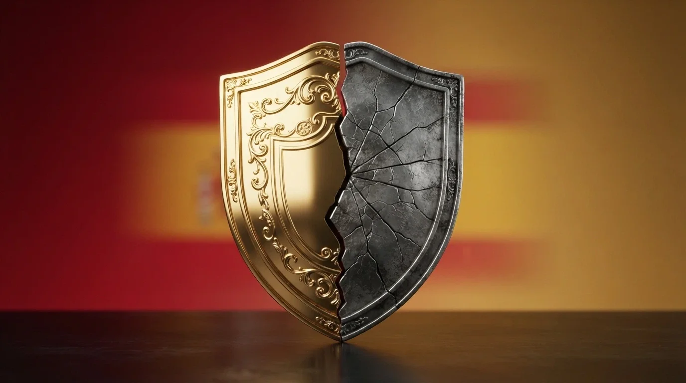 Icono de un escudo partido por la mitad sobre un fondo con la bandera de España difuminada