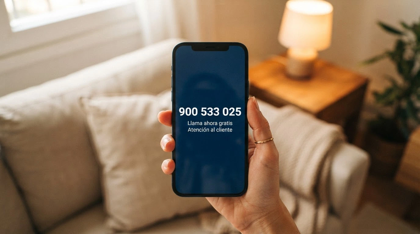 Mano que sostiene un teléfono móvil con el número 900 533 025 en pantalla, junto a los logotipos de FEJAR y del RGIAJ