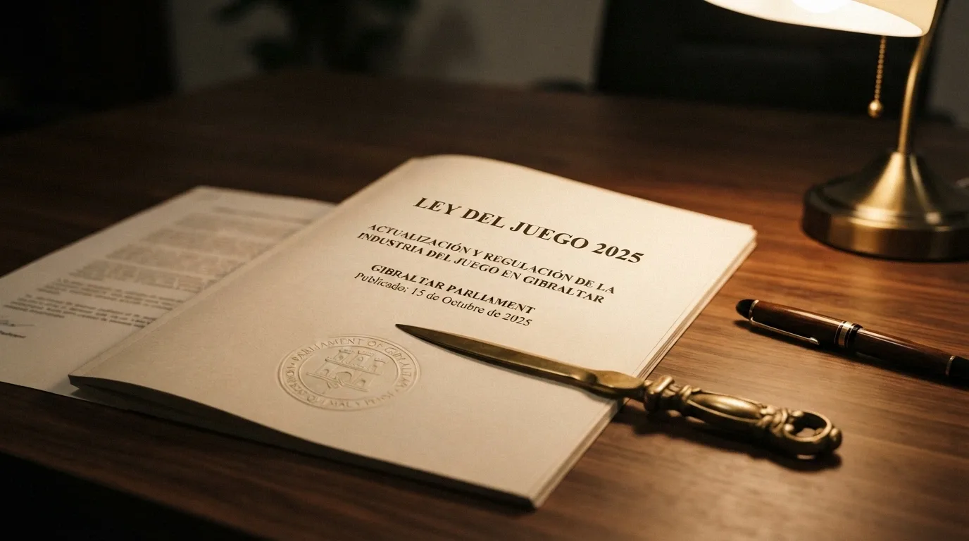 Documento legislativo abierto sobre una mesa con el sello del Parlamento de Gibraltar visible