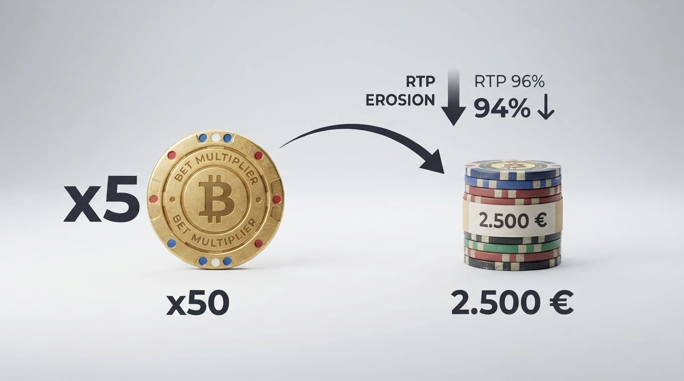 Diagrama visual: un billete de 50 € junto a una etiqueta «x50» y una flecha que desemboca en un volumen de apuesta de 2.500 €, con un porcentaje de fuga por RTP