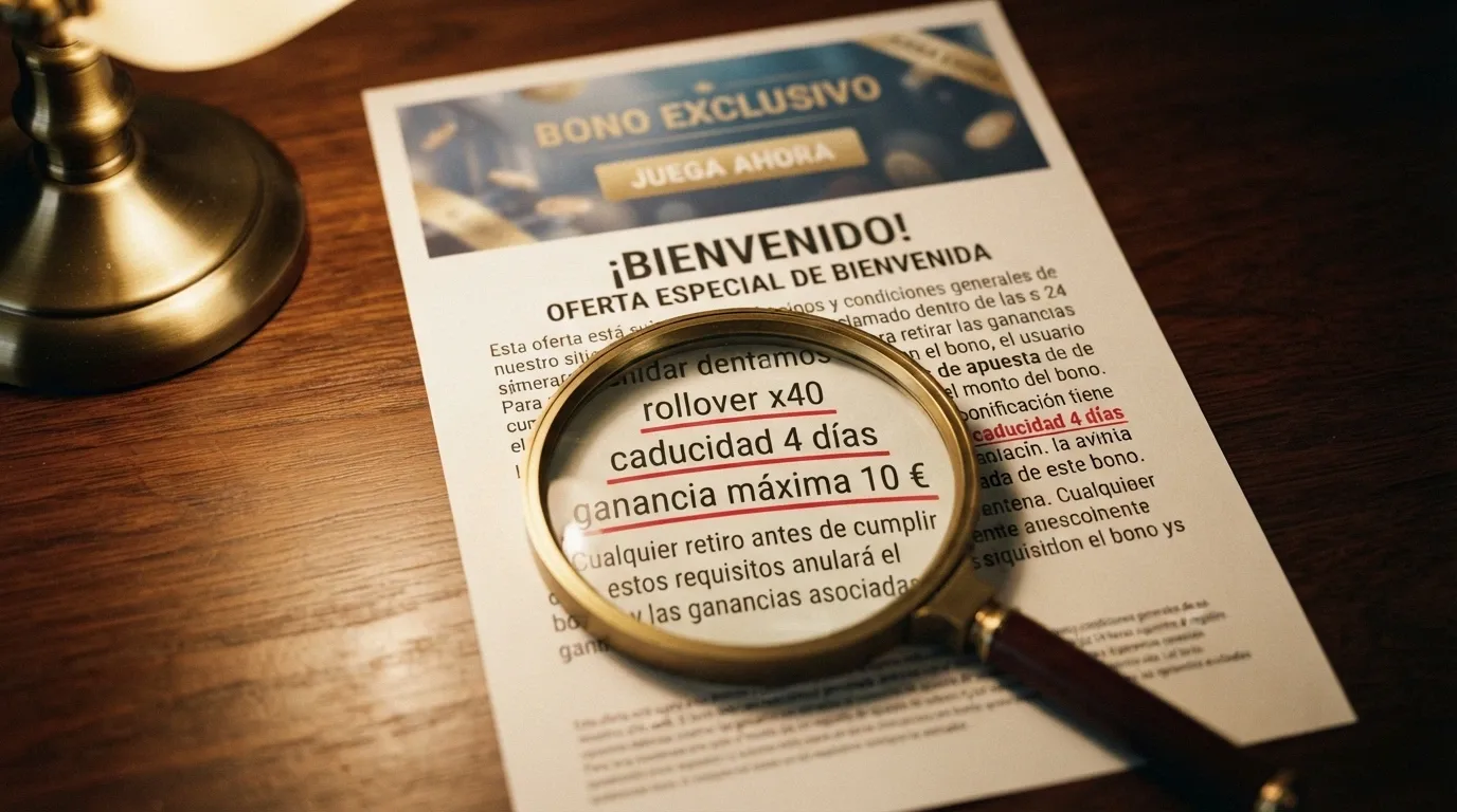 Una lupa sobre la letra pequeña de un bono de bienvenida impreso, con los términos «rollover x40», «caducidad 4 días» y «ganancia máxima 10 €» subrayados en rojo