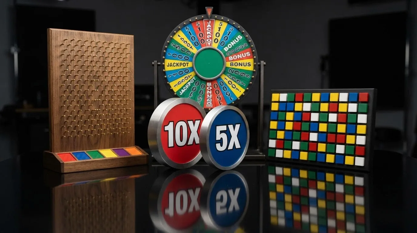 Collage de las cuatro rondas de bonificación: la moneda de Coin Flip, el tablero de Cash Hunt, el muro de Pachinko y la rueda gigante de Crazy Time