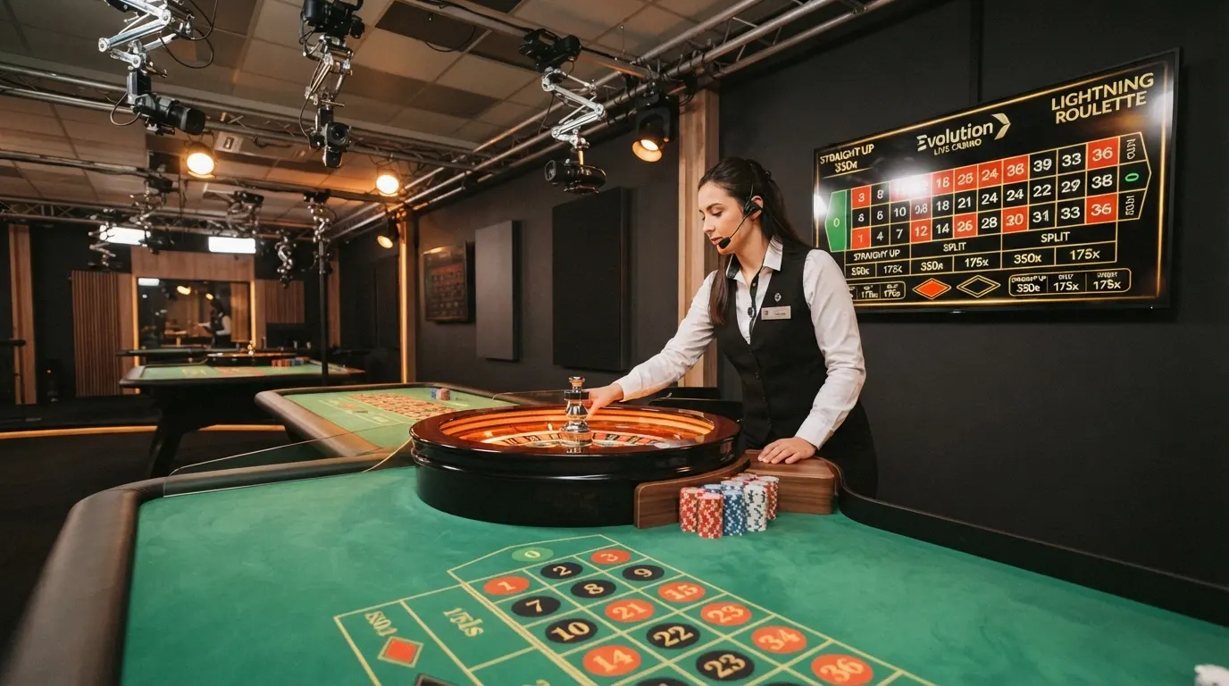 Mesa de ruleta en vivo de Evolution con crupier hispanohablante y pantalla mostrando multiplicadores Lightning