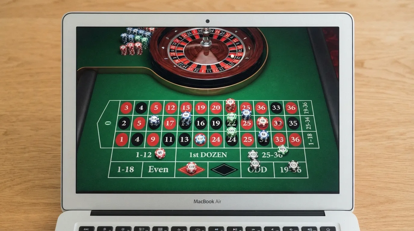 Una mesa de ruleta europea en vista cenital dentro de un navegador, con fichas de colores sobre el tapete
