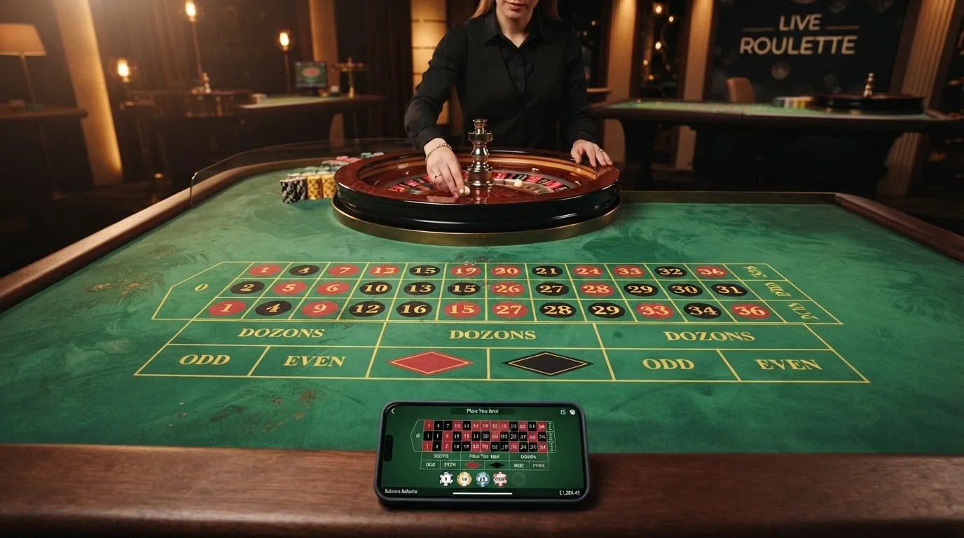 Un crupier real detrás de una mesa de ruleta filmado en vertical, con la interfaz de apuestas del móvil superpuesta en la parte inferior