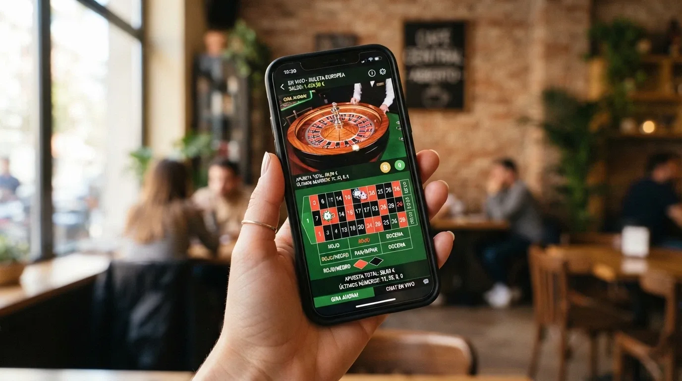 mano sosteniendo un teléfono móvil en vertical con una mesa de ruleta en vivo en pantalla, sobre un fondo de cafetería o transporte público