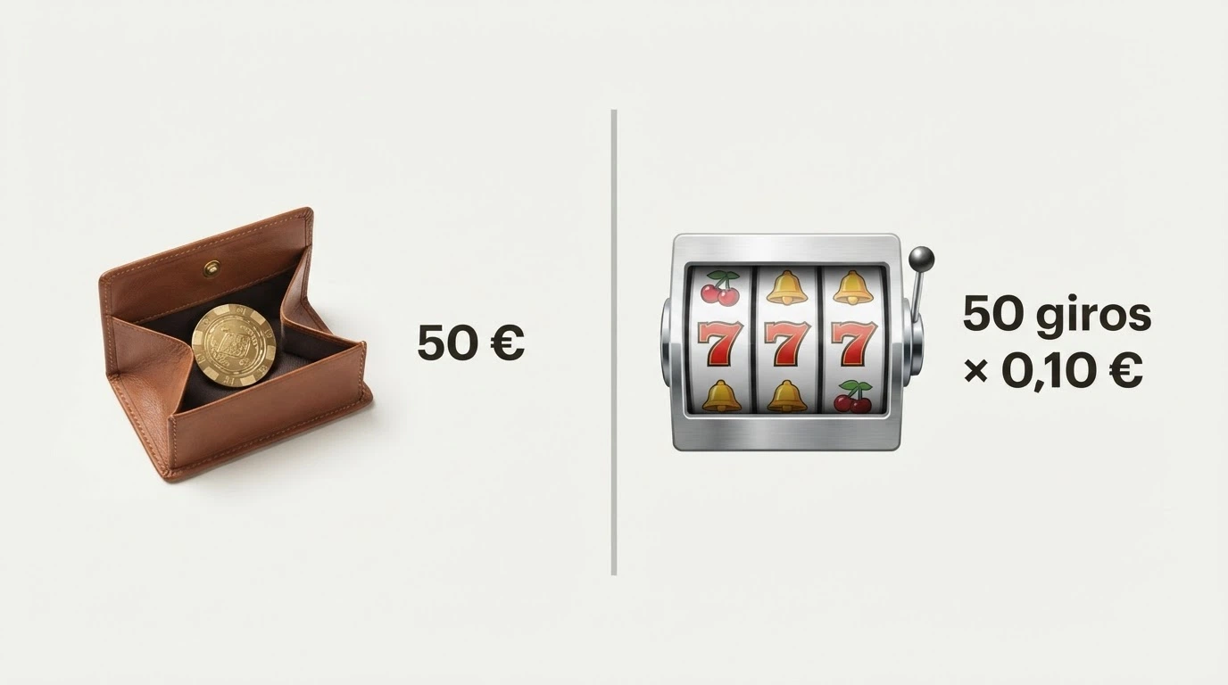 Dos columnas comparativas: a la izquierda un monedero con el texto «50 €» y a la derecha una tragamonedas con el texto «50 giros × 0,10 €»