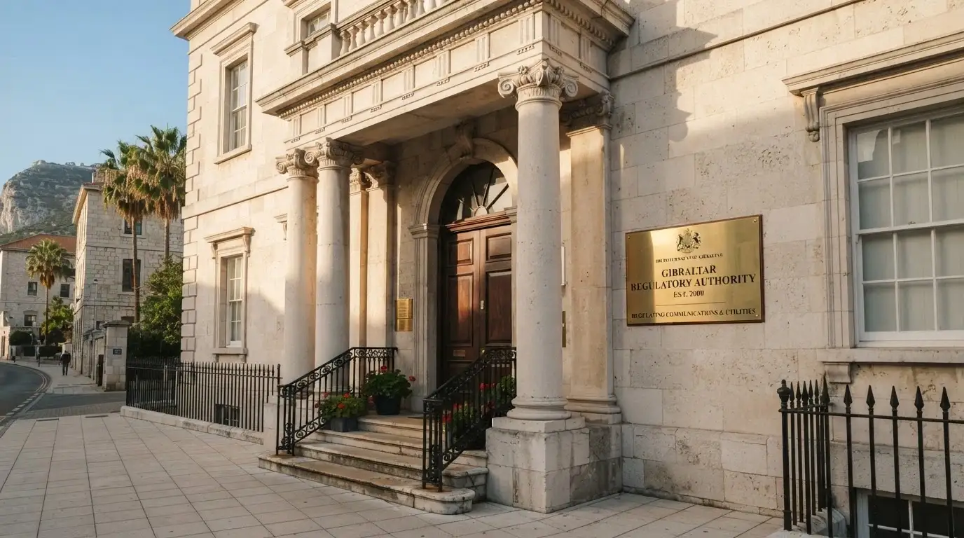 Fachada de un edificio institucional en Gibraltar con placa identificativa del regulador