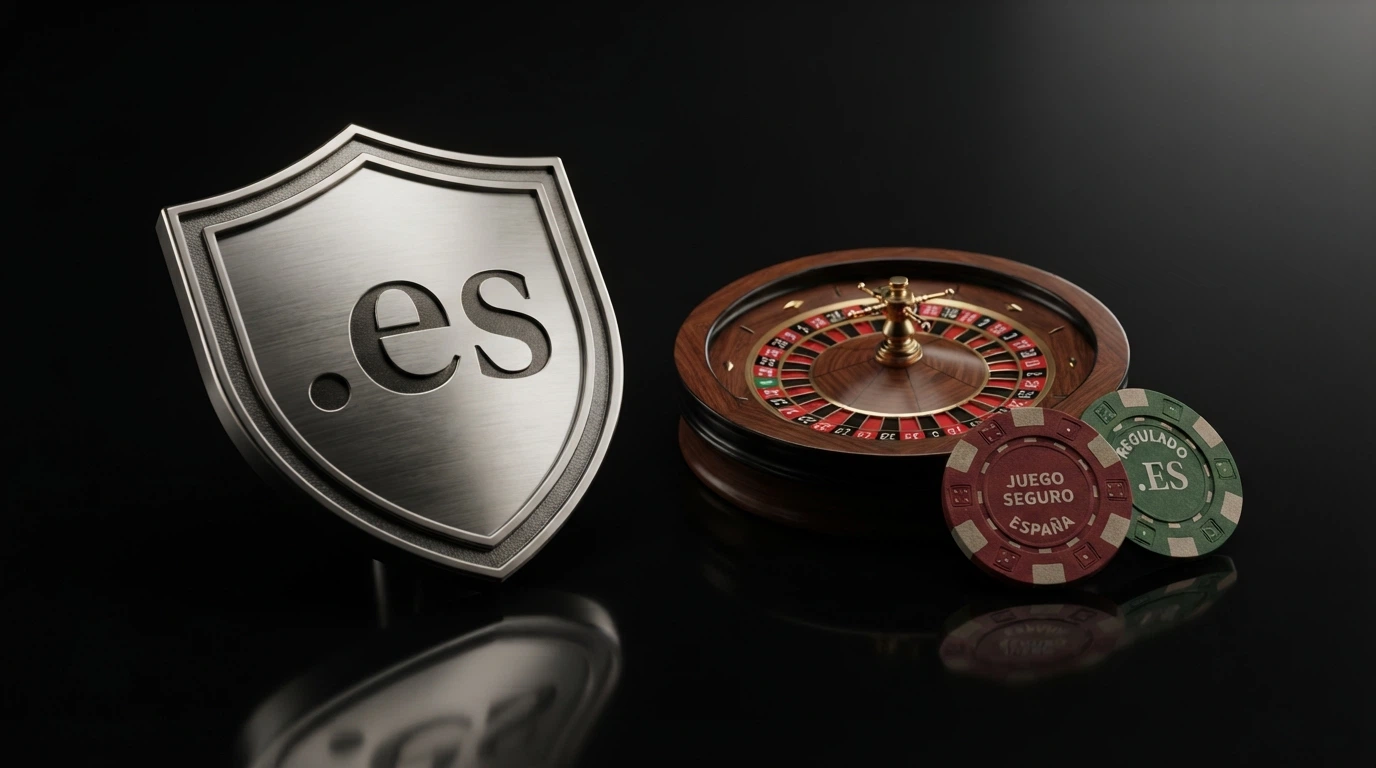 sello oficial de la DGOJ junto a un dominio .es sobre un fondo de fichas de ruleta y una mesa de casino