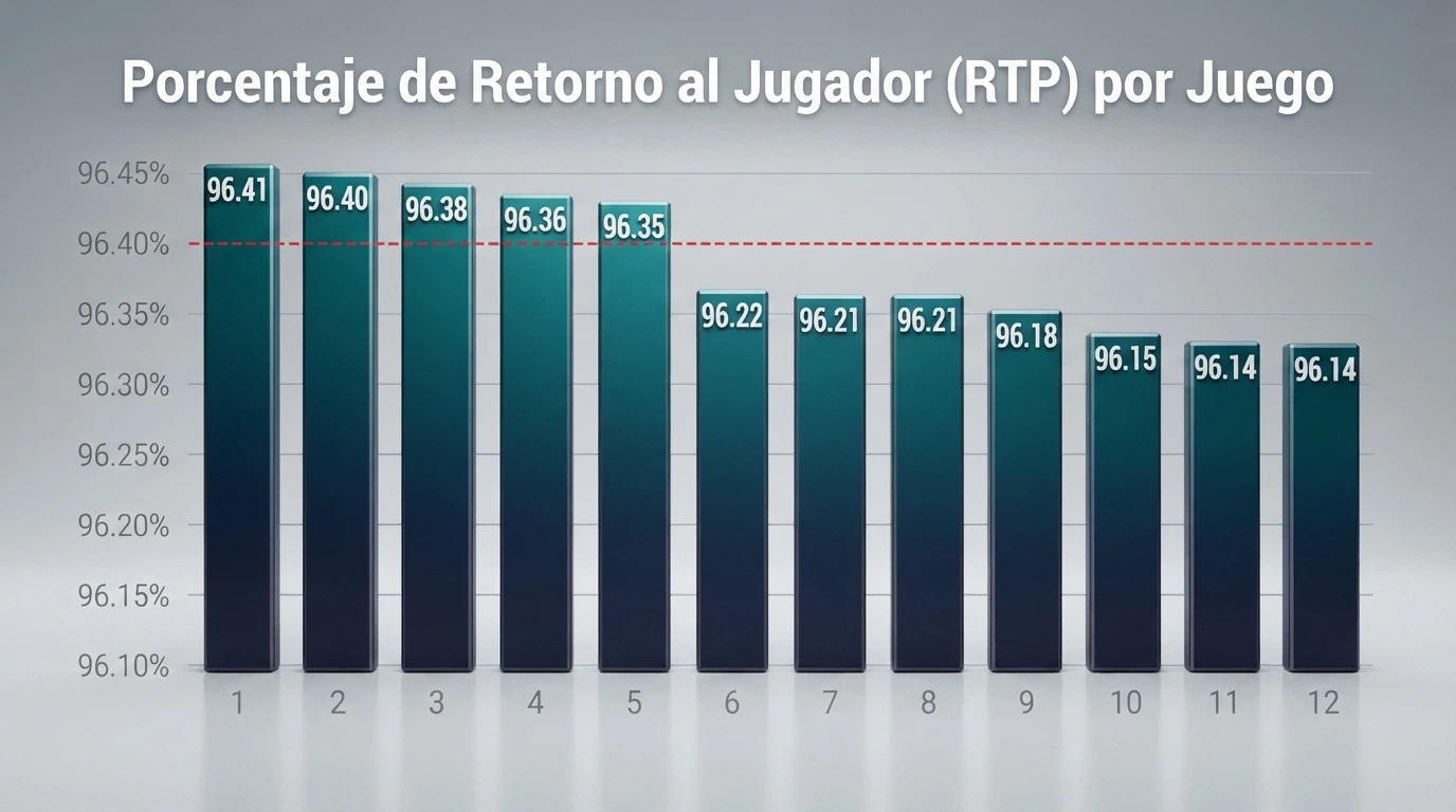 Gráfico de barras comparando el RTP de las doce slots de Hacksaw Gaming con datos documentados, de mayor a menor