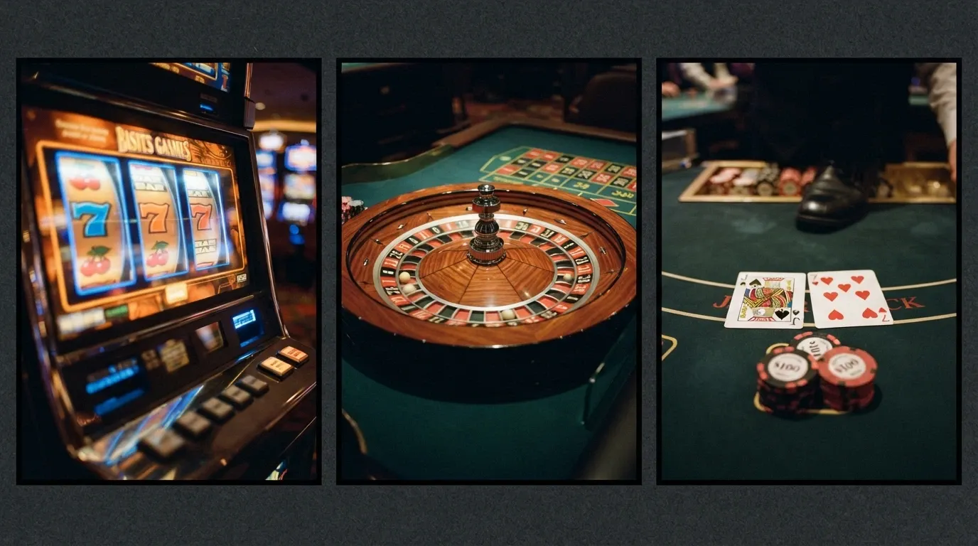 Composición con tres miniaturas: una tragaperras online, una ruleta en vivo con crupier real y una mesa de blackjack en interfaz de casino español