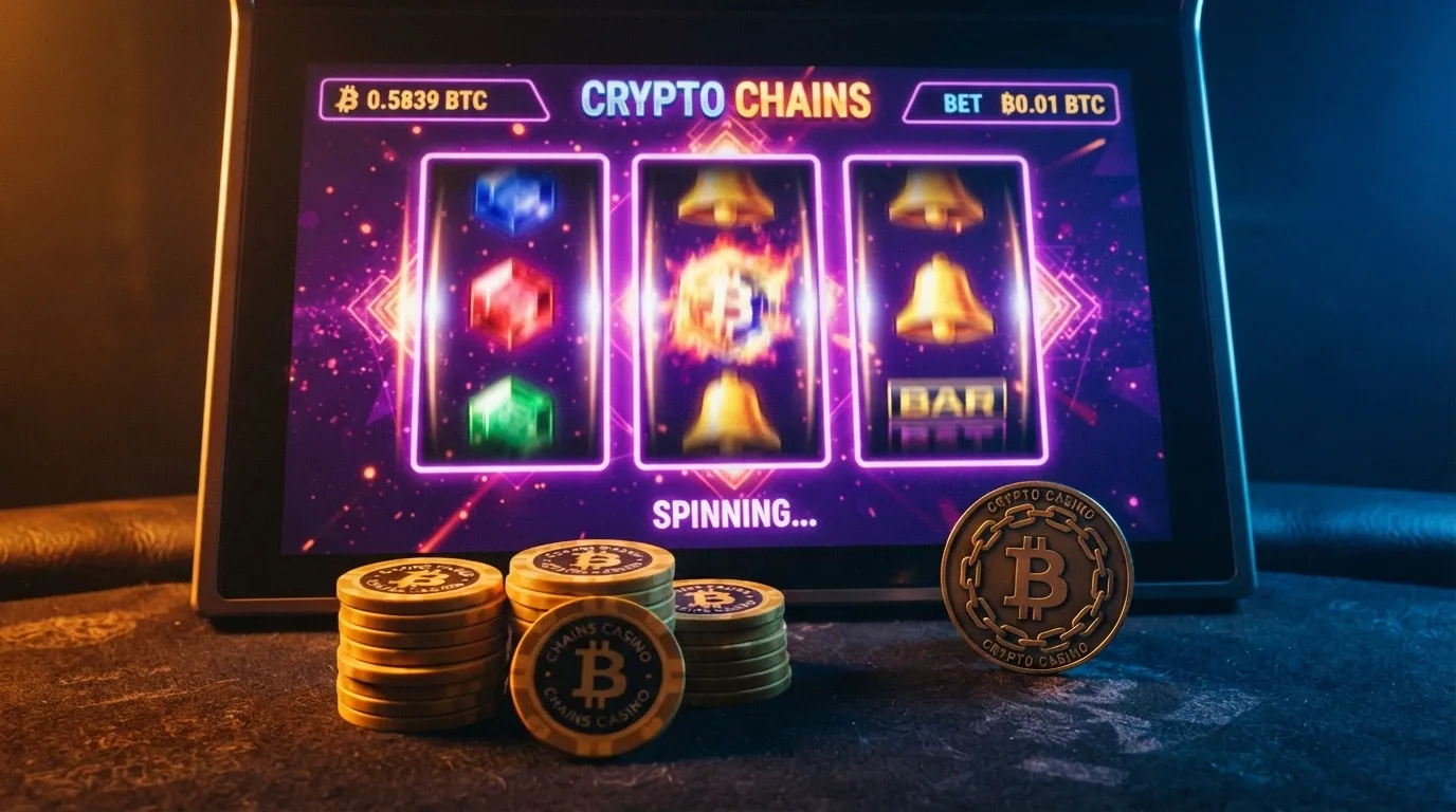 Pantalla de slot online con símbolos de criptomonedas y la interfaz de un casino en vivo con crupier real