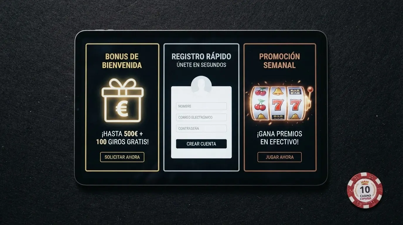 Comparativa visual de distintos tipos de bonos de casino online: bono de bienvenida, bono por registro y giros gratis