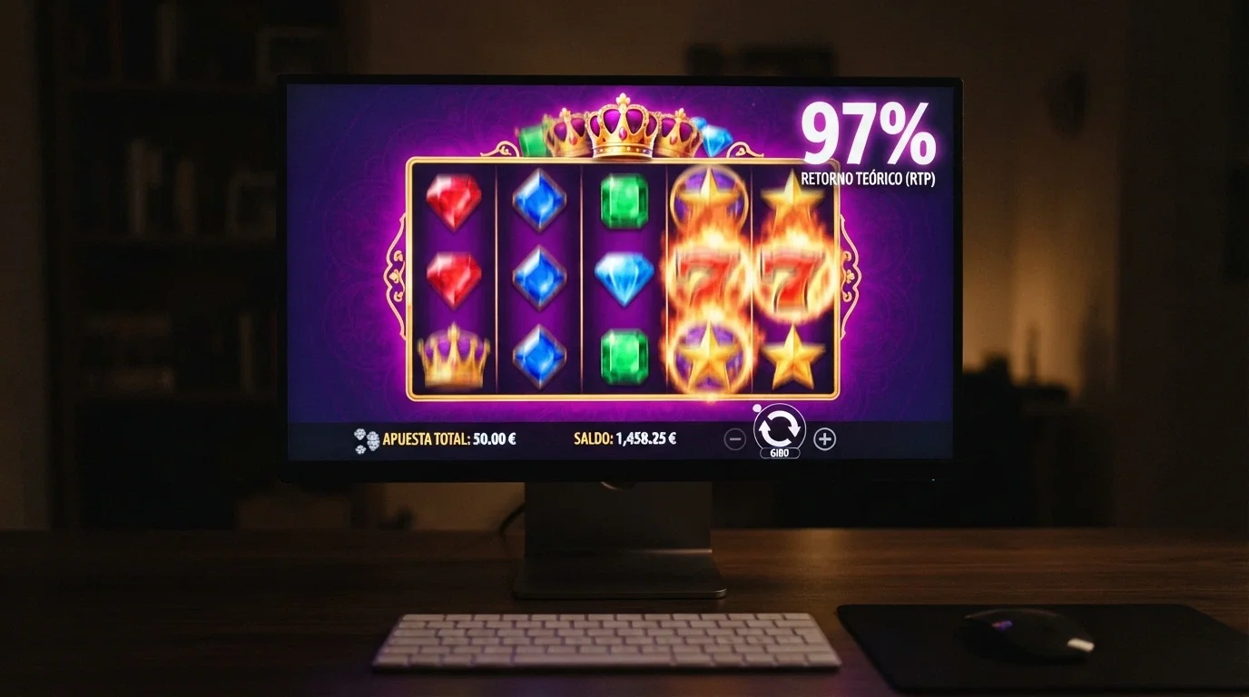 Pantalla de ordenador con una tragamonedas online de estética colorida, los rodillos girando y el porcentaje de RTP destacado en una esquina