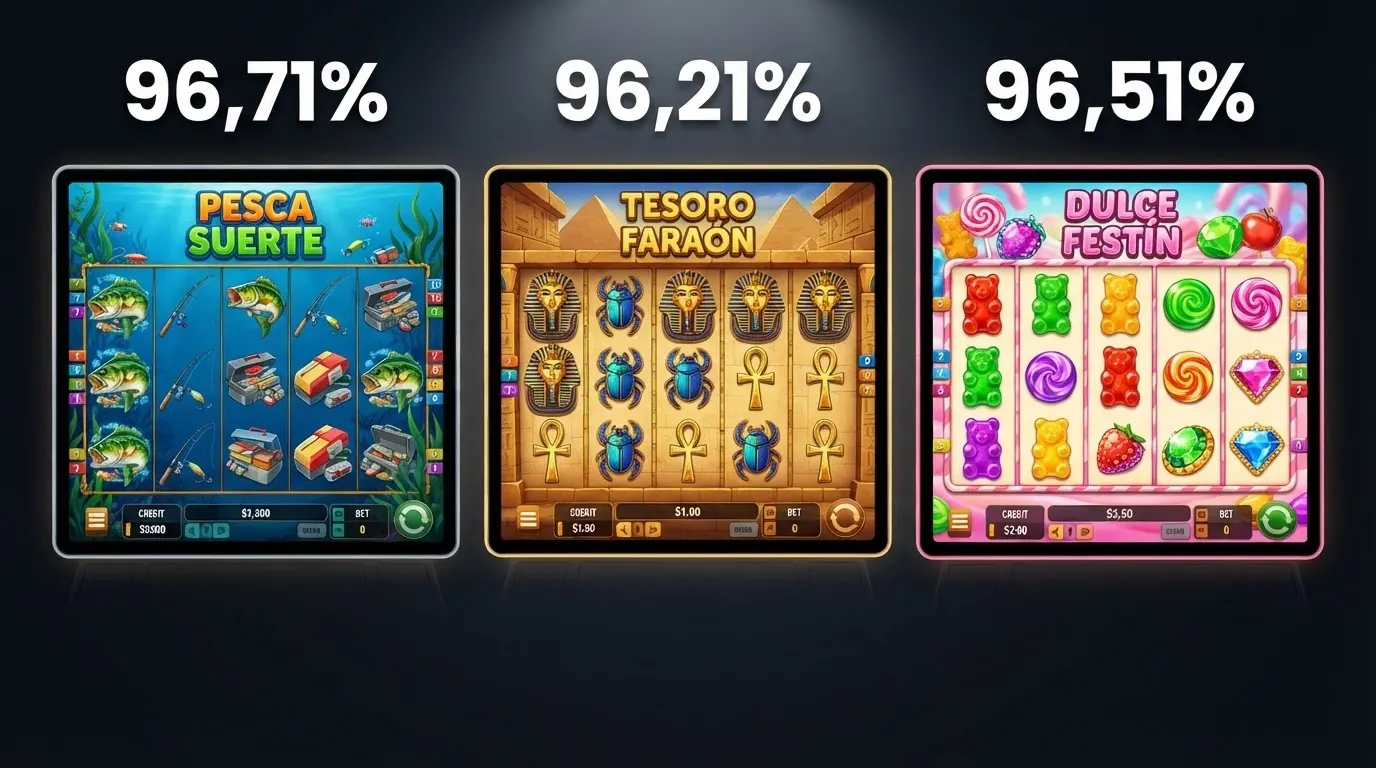 Collage de tres pantallas de slots populares (Big Bass Bonanza, Book of Dead, Sweet Bonanza Super Scatter) con sus porcentajes de RTP sobreimpresos en grande