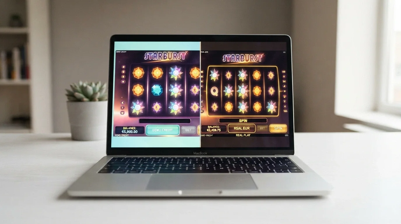 Pantalla partida: a la izquierda un juego de casino en modo demo con saldo ficticio, a la derecha el mismo juego con saldo en euros