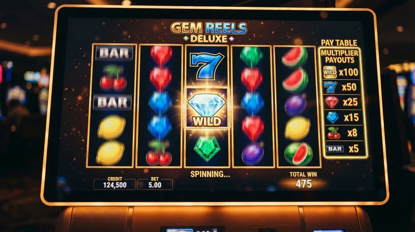 Tragaperras online con rodillos de colores y tabla de pagos visible en la pantalla de un casino español
