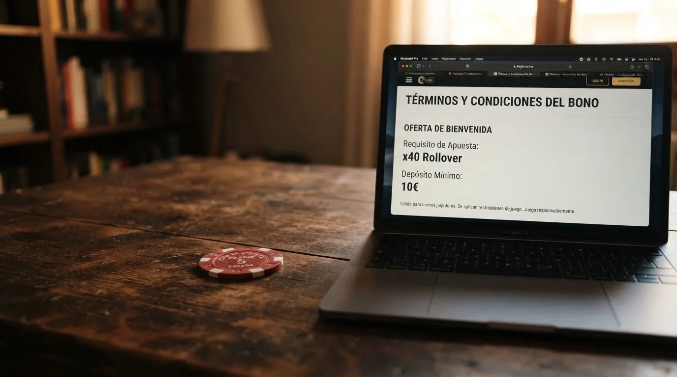 Un billete de 5 euros sobre la mesa junto a una pantalla que muestra los términos de un bono con el rollover y el depósito mínimo para activarlo subrayados