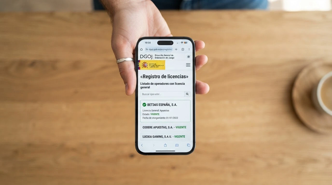 Una mano sujetando un teléfono móvil con la página ordenacionjuego.es abierta en el navegador, mostrando el resultado de búsqueda del registro oficial de licencias