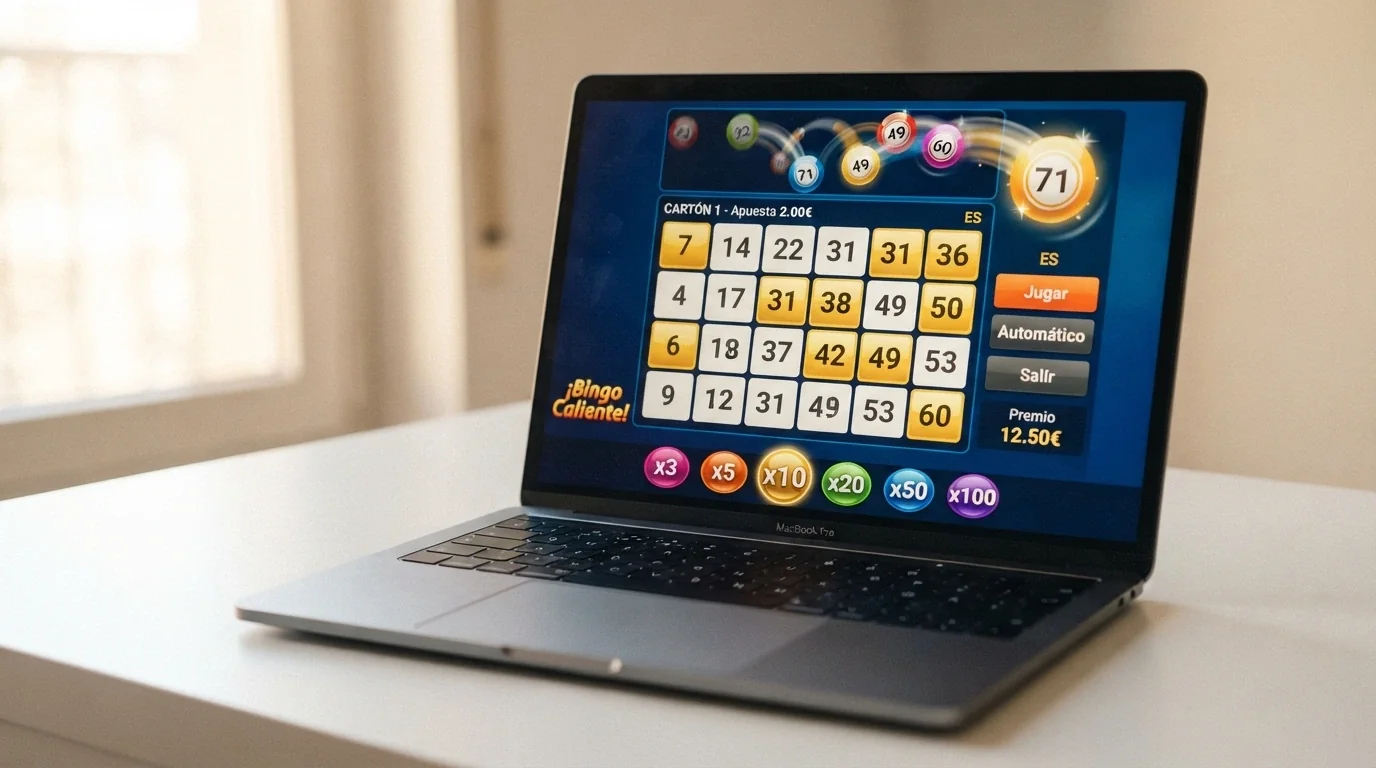 Interfaz de un título de video bingo con cuadrícula de números, marcador automático de patrones y barra de bonificación con multiplicadores activos